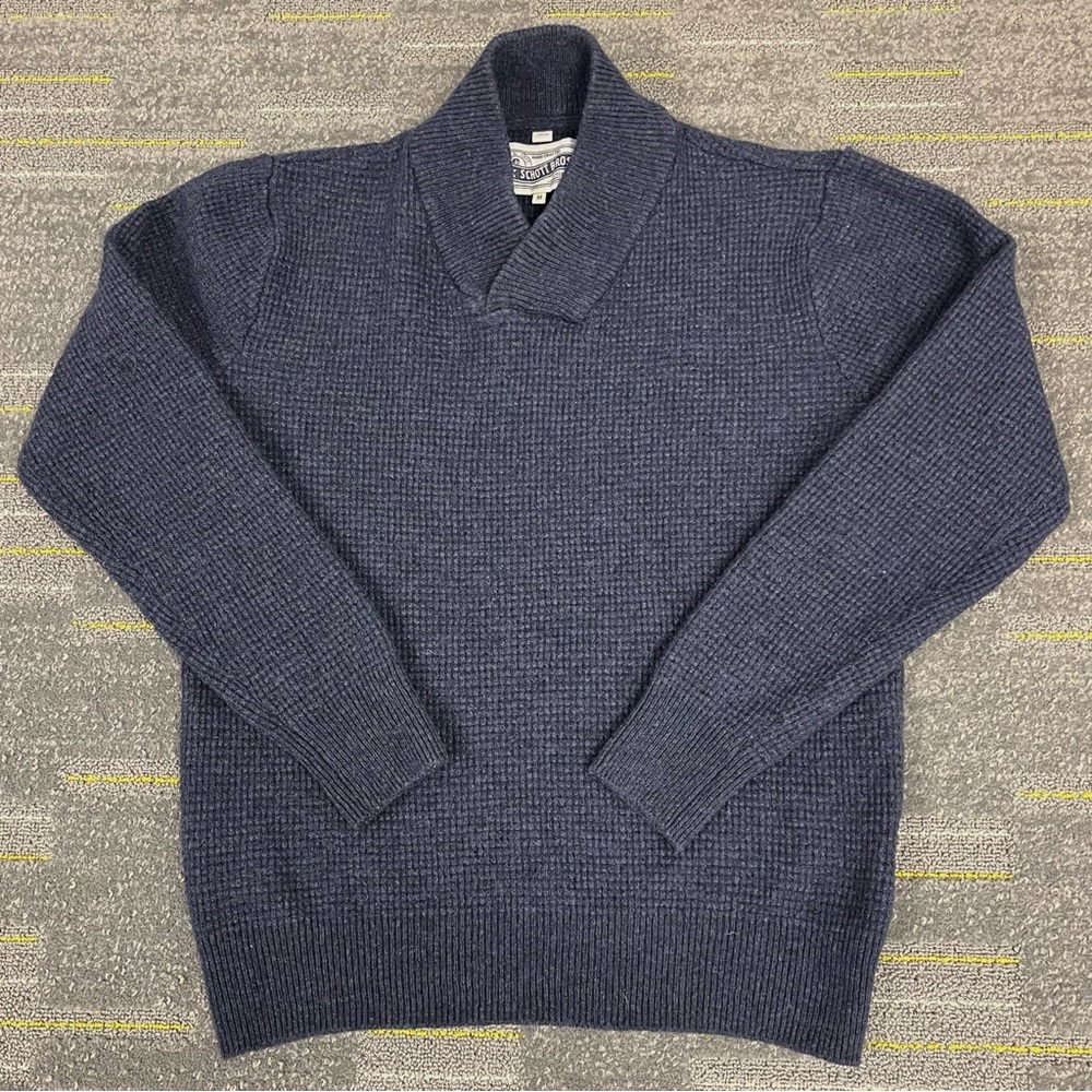 Schott Bros Davey V-Neck Waffle Sweater Mens Med Blue Knit Wool Blend Thermal